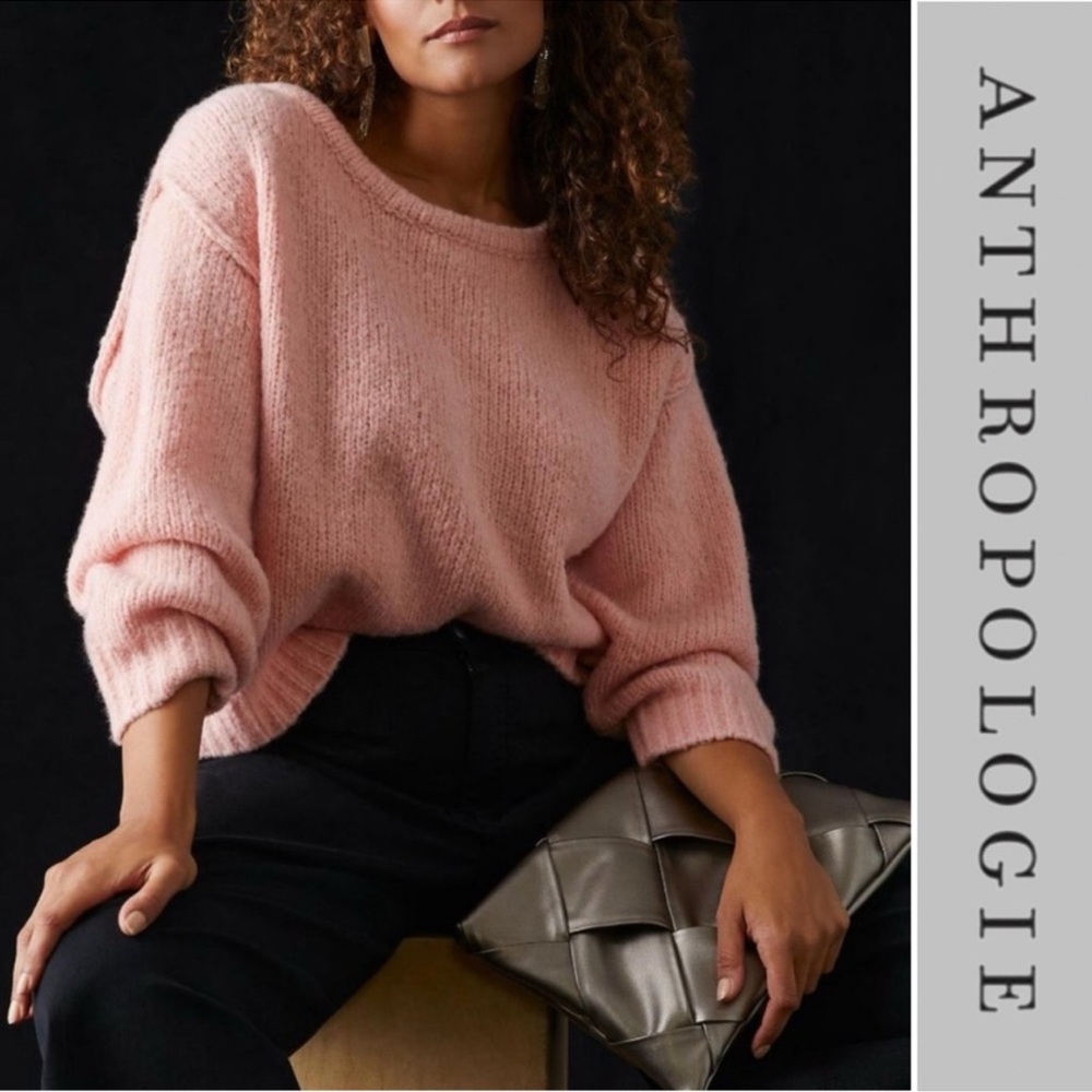 Anthropologie Boatneck Slouchy Cropped Longsleeve Knit Sweater Sz 3X Peach Pink